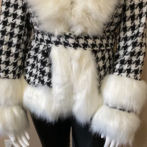 Woman's Azalea Wang Faux Fur Checker Winter Coat - Black & White - Size XL - Picture 6 of 16